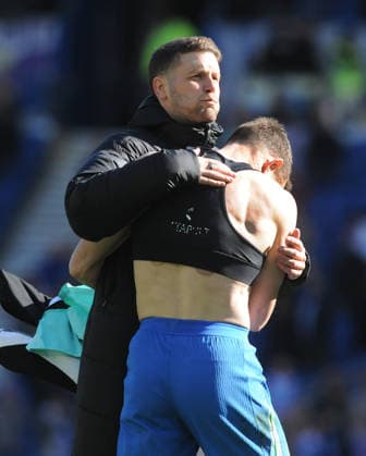 Football - 2025 2026 Premier League - Brighton & Hove Albion vs. Liverpool - the Amex (Falmer Stadium) - Saturday 21st March 2026 Brighton Manager, Fabian Hurzeler celebrates with James Milner after the match 