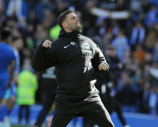 Football - 2025 2026 Premier League - Brighton & Hove Albion vs. Liverpool - the Amex (Falmer Stadium) - Saturday 21st March 2026 Brighton Manager, Fabian Hurzeler celebrates after the match with the fans 