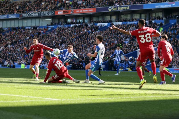Brighton v Liverpool 21 March 2026, Falmer - Premier League Football - Brighton & Hove Albion v Liverpool - Yasin Ayari of Brighton & Hove Albion shoots - Photo: Charlotte Wilson Offside. Falmer UK Copyright: xCharlottexWilsonx xOffsidexOffside