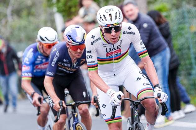 Milan Sanremo 2026 Cycling Race SANREMO, ITALY - MARCH 21 : Pogacar Tadej (SLO) of UAE Team Emirates - XRG, Pidcock Thomas (GBR) of Pinarello - Q36.5 Pro Cycling Team, Van Der Poel Mathieu (NED) of Alpecin - Premier Tech in the escape pack on Cipressa during the 117th edition of Milan Sanremo an UCI World Tour 1.UWT one day cycling road race for Men Elite of 298 km with start in Pavia and finish in Sanremo on March 21, 2026 in Sanremo, Italy, 21 03 2026 ( Motordriver Guy De Vuyst - Sanremo Italy  Copyright: xFranckxFaugerex