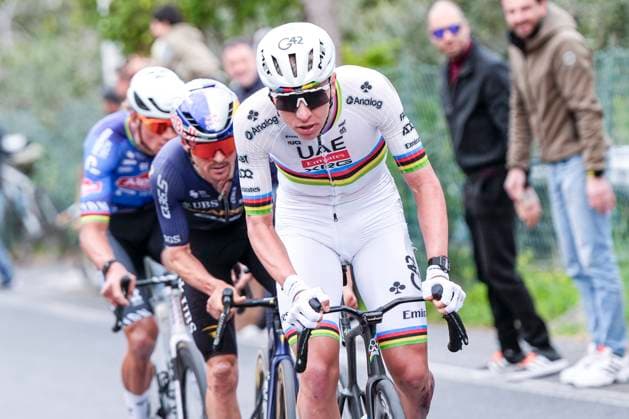 Milan Sanremo 2026 Cycling Race SANREMO, ITALY - MARCH 21 : Pogacar Tadej (SLO) of UAE Team Emirates - XRG, Pidcock Thomas (GBR) of Pinarello - Q36.5 Pro Cycling Team, Van Der Poel Mathieu (NED) of Alpecin - Premier Tech in the escape pack on Cipressa during the 117th edition of Milan Sanremo an UCI World Tour 1.UWT one day cycling road race for Men Elite of 298 km with start in Pavia and finish in Sanremo on March 21, 2026 in Sanremo, Italy, 21 03 2026 ( Motordriver Guy De Vuyst - Sanremo Italy  Copyright: xFranckxFaugerex