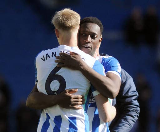 Football - 2025 2026 Premier League - Brighton & Hove Albion vs. Liverpool - the Amex (Falmer Stadium) - Saturday 21st March 2026 Two goal hero Danny Welbeck celebrates with Jan Paul van Hecke Brighton 
