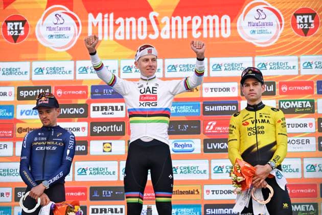 Milan Sanremo 2026 Cycling Race SANREMO, ITALY - MARCH 21 : Pogacar Tadej (SLO) of UAE Team Emirates - XRG, Pidcock Thomas (GBR) of Pinarello - Q36.5 Pro Cycling Team, Van Aert Wout (BEL) of Team Visma I Lease a Bike during the 117th edition of Milan Sanremo an UCI World Tour 1.UWT one day cycling road race for Men Elite of 298 km with start in Pavia and finish in Sanremo on March 21, 2026 in Sanremo, Italy, 21 03 2026 ( Motordriver Guy De Vuyst - Sanremo Italy  Copyright: xNicoxVereeckenx