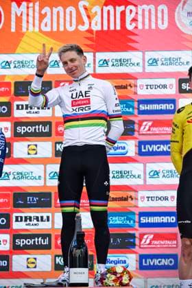 Milan Sanremo 2026 Cycling Race SANREMO, ITALY - MARCH 21 : Pogacar Tadej (SLO) of UAE Team Emirates - XRG on the podium during the 117th edition of Milan Sanremo an UCI World Tour 1.UWT one day cycling road race for Men Elite of 298 km with start in Pavia and finish in Sanremo on March 21, 2026 in Sanremo, Italy, 21 03 2026 ( Motordriver Guy De Vuyst - Sanremo Italy  Copyright: xNicoxVereeckenx