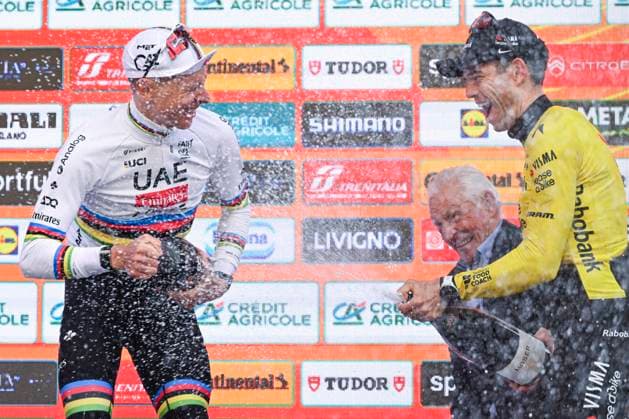 Milan Sanremo 2026 Cycling Race SANREMO, ITALY - MARCH 21 : Pogacar Tadej (SLO) of UAE Team Emirates - XRG, Van Aert Wout (BEL) of Team Visma I Lease a Bike on the podium during the 117th edition of Milan Sanremo an UCI World Tour 1.UWT one day cycling road race for Men Elite of 298 km with start in Pavia and finish in Sanremo on March 21, 2026 in Sanremo, Italy, 21 03 2026 ( Motordriver Guy De Vuyst - Sanremo Italy  Copyright: xNicoxVereeckenx