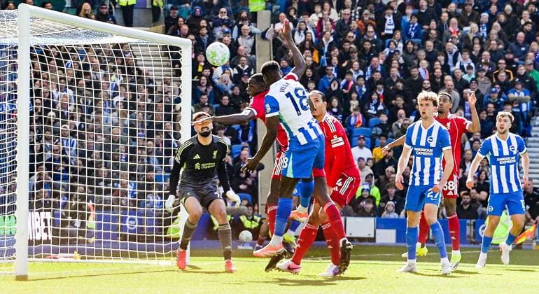 Danny Welbeck of Brighton heads in their first goal past Giorgi Mamarsdashvili of Liverpool during the Premier League match between Brighton and Hove Albion and Liverpool at the American Express Stadium , Brighton , UK - 21st March 2026 Brighton & Hove Albion vs Liverpool Premier League Football, Amex Stadium, Sussex, United Kingdom - 21 Mar 2026Brighton Amex Stadium Sussex United Kingdom Editorial use only. No merchandising. For Football images FA and Premier League restrictions apply inc. no internet mobile usage without FAPL license - for details contact Football Dataco  Copyright: xSimonxDack TPI Shutterstockx 16784403at