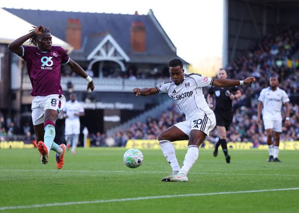 21st March 2026; Craven Cottage, Fulham, London, England; Premier League Football, Fulham versus Burnley; Ryan Sessegnon of Fulham crosses the ball over Lesley Ugochukwu of Burnley  JPxFletcher Content restricted for UK based newspaper