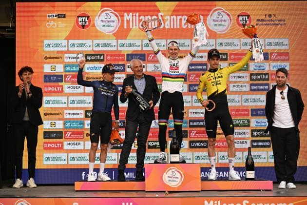 British Tom Pidcock, Slovenian Tadej Pogacar and Belgian Wout van Aert pictured on the podium after the Milano-Sanremo one day cycling race for men, 298km from Milan to San Remo, Italy, Saturday 21 March 2026. DAVIDxPINTENS  x168475589x