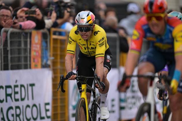 Belgian Wout van Aert crosses the finish line of the Milano-Sanremo one day cycling race for men, 298km from Milan to San Remo, Italy, Saturday 21 March 2026. DAVIDxPINTENS  x168475632x