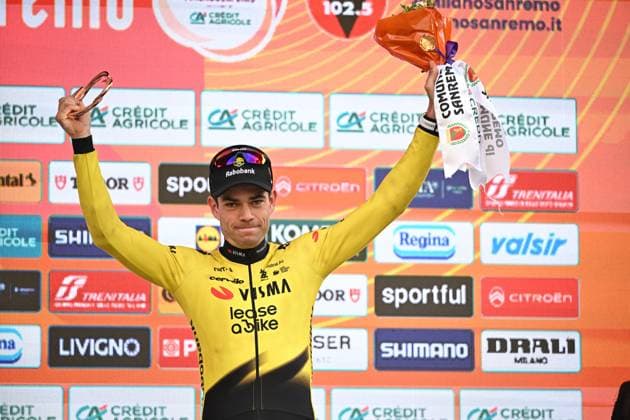 Belgian Wout van Aert pictured on the podium after the Milano-Sanremo one day cycling race for men, 298km from Milan to San Remo, Italy, Saturday 21 March 2026. DAVIDxPINTENS  x168475684x