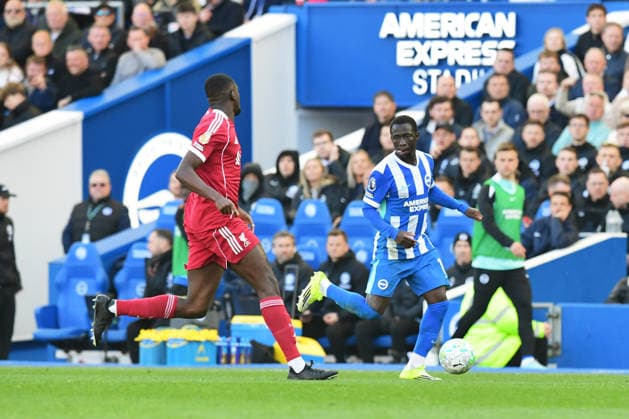 Brighton and Hove Albion v Liverpool, Premier League Yankuba Minteh Forward of Brighton and Hove Albion in action during the Premier League match between Brighton and Hove Albion and Liverpool at the American Express Stadium, Brighton and Hove, UK on 21 March 2026. Brighton and Hove American Express Stadium East Sussex UK Editorial use only DataCo restrictions apply See www.football-dataco.com , Copyright: xJeffxMoodx PSI-23949-0036