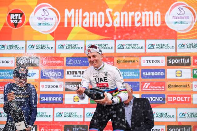 Milan Sanremo 2026 Cycling Race SANREMO, ITALY - MARCH 21 : Pogacar Tadej (SLO) of UAE Team Emirates - XRG on the podium during the 117th edition of Milan Sanremo an UCI World Tour 1.UWT one day cycling road race for Men Elite of 298 km with start in Pavia and finish in Sanremo on March 21, 2026 in Sanremo, Italy, 21 03 2026 ( Motordriver Guy De Vuyst - Sanremo Italy  Copyright: xNicoxVereeckenx