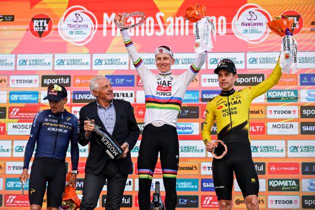 Milan Sanremo 2026 Cycling Race SANREMO, ITALY - MARCH 21 : Pidcock Thomas (GBR) of Pinarello - Q36.5 Pro Cycling Team, Van Aert Wout (BEL) of Team Visma I Lease a Bike, Pogacar Tadej (SLO) of UAE Team Emirates - XRG on the podium during the 117th edition of Milan Sanremo an UCI World Tour 1.UWT one day cycling road race for Men Elite of 298 km with start in Pavia and finish in Sanremo on March 21, 2026 in Sanremo, Italy, 21 03 2026 ( Motordriver Guy De Vuyst - Sanremo Italy  Copyright: xNicoxVereeckenx