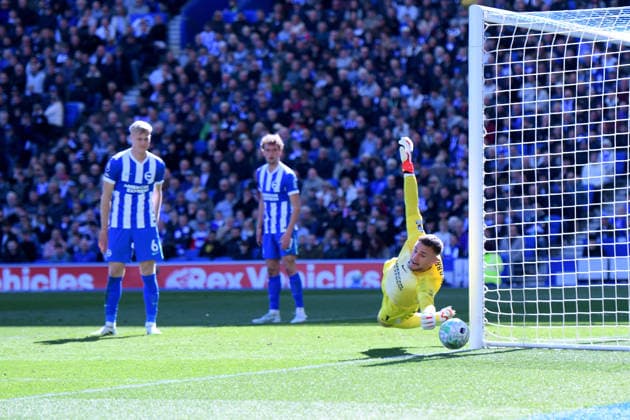 Brighton and Hove Albion v Liverpool, Premier League Bart Verbruggen Goalkeeper of Brighton and Hove Albion tips the ball wide of his post during the Premier League match between Brighton and Hove Albion and Liverpool at the American Express Stadium, Brighton and Hove, UK on 21 March 2026. Brighton and Hove American Express Stadium East Sussex UK Editorial use only DataCo restrictions apply See www.football-dataco.com , Copyright: xJeffxMoodx PSI-23949-0049