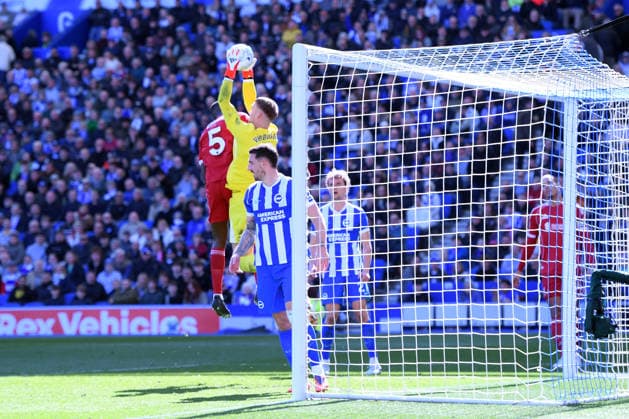Brighton and Hove Albion v Liverpool, Premier League Bart Verbruggen Goalkeeper of Brighton and Hove Albion safely collects the ball from Ibrahima Konate Defender of Liverpool during the Premier League match between Brighton and Hove Albion and Liverpool at the American Express Stadium, Brighton and Hove, UK on 21 March 2026. Brighton and Hove American Express Stadium East Sussex UK Editorial use only DataCo restrictions apply See www.football-dataco.com , Copyright: xJeffxMoodx PSI-23949-0054