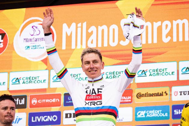 Milano Sanremo 2026 Tadej Pogacar stands in 1st place on the podium with Carlos Sainz at Via Roma in Sanremo, Italy, on March 21, 2026, during the Milano Sanremo 2026. Sanremo Italy  Copyright: xTommasoxBerardix originalFilename:berardi-milanosa260321_npOmY.jpg