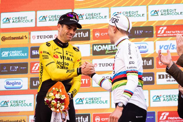 Milano Sanremo 2026 Tadej Pogacar and Wout Van Aert stand on the podium at Via Roma in Sanremo, Italy, on March 21, 2026, during the Milano Sanremo 2026. Sanremo Italy  Copyright: xTommasoxBerardix originalFilename:berardi-milanosa260321_np2Wz.jpg