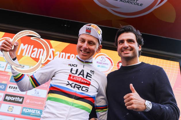 Milano Sanremo 2026 Tadej Pogacar stands in 1st place on the podium with Carlos Sainz at Via Roma in Sanremo, Italy, on March 21, 2026, during the Milano Sanremo 2026. Sanremo Italy  Copyright: xTommasoxBerardix originalFilename:berardi-milanosa260321_npgpw.jpg