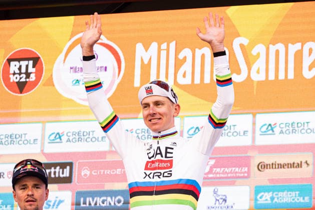 Milano Sanremo 2026 Tadej Pogacar stands in first place on the podium at Via Roma in Sanremo, Italy, on March 21, 2026, during the Milano Sanremo 2026. Sanremo Italy  Copyright: xTommasoxBerardix originalFilename:berardi-milanosa260321_npscW.jpg