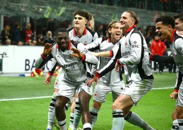 MILAN, ITALY - MARCH 21: Youssouf Fofana of AC Milan celebrates with teammates after scoring his team third goal ,during the Serie A match between AC Milan and Torino FC at Giuseppe Meazza Stadium on March 21, 2026 in Milan, Italy.  Copyright: xMBxMediax