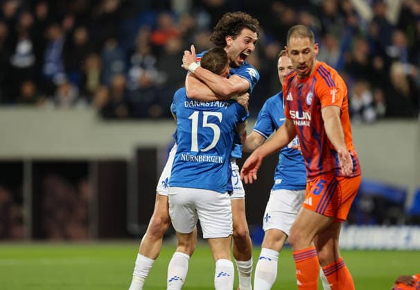 21.03.2026, Fussball 2. Bundesliga, SV Darmstadt 98 - FC Schalke 04, v.l., Torjubel zum aberkannten Treffer zum 1:0 durch Fabian Nürnberger (SV Darmstadt 98), Fraser Hornby (SV Darmstadt 98), Goal celebration, celebrate the goal DFL DFB REGULATIONS PROHIBIT ANY USE OF PHOTOGRAPHS AS IMAGE SEQUENCES AND OR QUASI-VIDEO. xdcx
