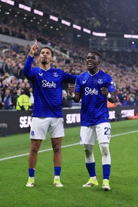 Football - Premier League - Everton v Chelsea 21st March 2026 - Premier League - Everton v Chelsea - Iliman Ndiaye of Everton (L) celebrates with Idrissa Gueye of Everton after scoring their 2nd goal - Photo: Simon Stacpoole Offside. Liverpool UK Copyright: xSimonxStacpoolexOffside