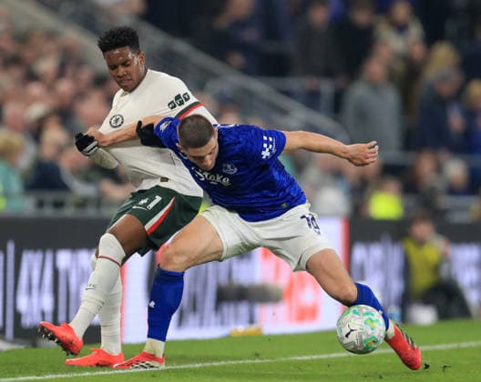 21st March 2026; Hill Dickinson Stadium, Liverpool, England; Premier League Football, Everton versus Chelsea; Vitali Mykolenko of Everton holds off a challenge from Estevao of Chelsea  DavidxBlunsden Content restricted for UK based newspaper