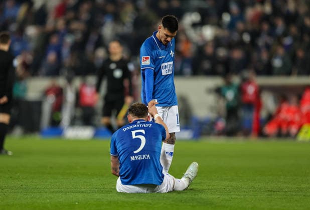 21.03.2026, Fussball 2. Bundesliga, SV Darmstadt 98 - FC Schalke 04, v.l., Matej Maglica (SV Darmstadt 98), Raoul Petretta (SV Darmstadt 98) DFL DFB REGULATIONS PROHIBIT ANY USE OF PHOTOGRAPHS AS IMAGE SEQUENCES AND OR QUASI-VIDEO. xdcx