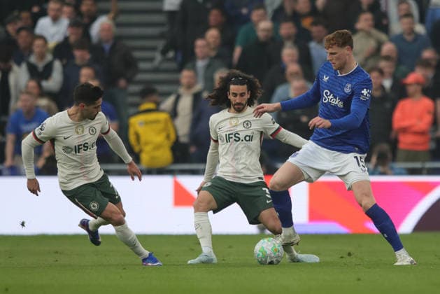 Everton v Chelsea, Premier League Jake O™Brien of Everton and Marc Cucurella of Chelsea during the Premier League match between Everton and Chelsea at Hill Dickinson Stadium, Liverpool, UK on 21 March 2026. Liverpool Hill Dickinson Stadium Merseyside UK Editorial use only DataCo restrictions apply See www.football-dataco.com , Copyright: xAlunxRobertsx PSI-23944-0245