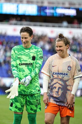 March 21, 2026, Harrison, New Jersey, USA: March 21, 2026; Harrison, New Jersey, USA; Gotham FC goalkeeper Ann-Katrin Berger (30) and Gotham FC midfielder Savannah McCaskill (13) before the match at Sports Illustrated Stadium. Harrison USA - ZUMAs325 20260321_zsp_s325_006 Copyright: xJessxStilesx
