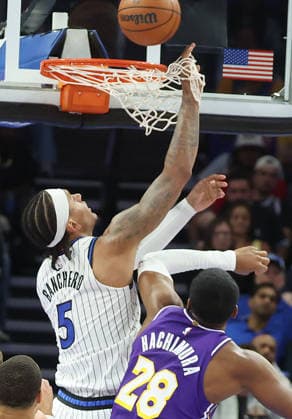 March 21, 2026, Orlando, Fl - Florida, USA: The Orlando Magic s Paolo Banchero (5) leaps for a rebound over the Los Angeles Lakers Rui Hachimura (28) at the Kia Center on Saturday, March 21, 2026, in Orlando, Florida. Orlando USA - ZUMAm67_ 20260321_zaf_m67_007 Copyright: xStephenxM.xDowellx