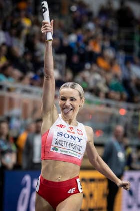 TORUN, POLAND - MARCH 22: Justyna SWIETY-ERSETIC (POL) celebrates after her part of the 4x400m relays during the World Athletics Indoor Championships Kujawy Pomorze 26 on day 3 session 1 at Kujawsko-Pomorska Arena Torun on March 22, 2026 in Torun, Poland. Poland Copyright: xAxelxKohringx