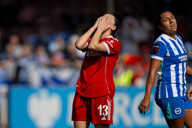 Football - FA Women™s Super League - Brighton & Hove Albion FC Women v Liverpool FC Women CRAWLEY, ENGLAND - Sunday, March 22, 2026: Liverpool s Mia Enderby reacts to her 1-1 attempt going over the bar during the FA Women™s Super League match between Brighton & Hove Albion FC Women and Liverpool FC Women at Broadfield Stadium. (Photo by David Rawcliffe Propaganda) CRAWLEY Broadfield Stadium WEST SUSSEX ENGLAND  Copyright: xPropagandax P2026-03-22-Brighton_W_Liverpool_W-122