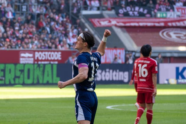 Deutschland: 2.Bundesliga 2025 26 Fortuna Düsseldorf vs Hertha BSC, 27. Spieltag - 22.03.2026 - MERKUR SPIEL-ARENA (Düsseldorf): jubelt nach seinem Tor zum 1:1 durch Fabian Reese (Hertha BSC,11) Jubel, Begeisterung, Freude, Emotion