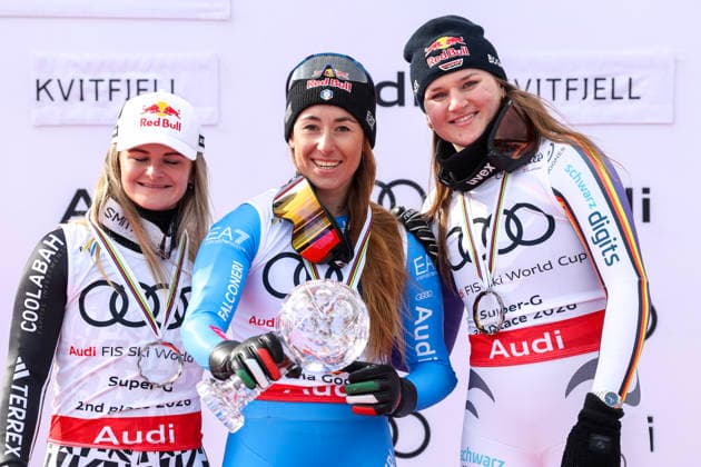 World Cup final Kvitfjell Hafjell Kvitfjell 20260322. Sofia Goggia from Italy (center) in first place, Alice Robinson from New Zealand (left) in second place and Emma Aicher from Germany (right) in third place during the awards ceremony for the women s super-G overall after the World Cup race in Kvitfjell on Sunday. Photo: Geir Olsen NTB Kvitfjell Norway EDITORIAL USE ONLY. RESTRICTED USE FOR BETTING COMPANIES Ref:_SPOTES_zn3S4gU.jpg *** World Cup final Kvitfjell Hafjell Kvitfjell 20260322 Sofia Goggia from Italy center in first place, Alice Robinson from New Zealand left in second place and Emma Aicher from Germany right in third place during the awards ceremony for the women s super G overall after the World Cup race in Kvitfjell on Sunday Photo Geir Olsen NTB Kvitfjell Norway EDITORIAL USE ONLY RESTRICTED USE FOR BETTING COMPANIES  Copyright: xGeirxOlsenx xNTBx