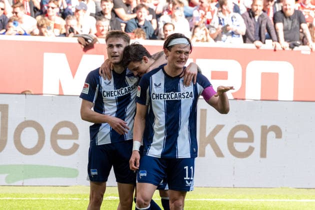 Deutschland: 2.Bundesliga 2025 26 Fortuna Düsseldorf vs Hertha BSC, 27. Spieltag - 22.03.2026 - MERKUR SPIEL-ARENA (Düsseldorf): jubelt nach seinem Tor zum 4:1 Marten Winkler(Hertha BSC,22) Jubel, Begeisterung, Freude, Emotion