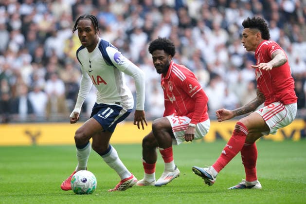 Mathys Tel of Tottenham Hotspur and Igor Jesus of Nottingham Forest seen in action during the Premier league football match between Tottenham Hotspur and Nottingham Forest at the Tottenham Hotspur Stadium in London. Copyright: xPaulxBonserx xSportsxPressxPhotox Sportspressphoto_SPR116359