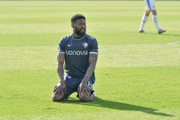 Moritz-Broni Kwarteng (VfL Bochum), Moritz Broni Kwarteng 22.03.2026, Fussball 2. Bundesliga, Saison 2025 2026, 27. Spieltag, VfL Bochum - Holstein Kiel DFL regulations prohibit any use of photographs as image sequences and or quasi-video Bochum Vonovia Ruhrstadion Nordrhein Westfalen Deutschland