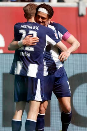 REESE Fabian Kapitaen Team Hertha BS jubelt mit WINKLER Marten 2. Fussball Bundesliga Saison 2025-2026 Spiel Fortuna Duesseldorf - Hertha BSC 2 : 5 am 22.03. 2026 in Duesseldorf DFL REGULATIONS PROHIBIT ANY USE OF PHOTOGRAPHS as IMAGE SEQUENCES and or QUASI-VIDEO