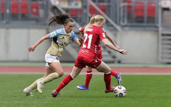 22.03.2026 - Fussball - Saison 2025 2026 - 1. Frauen - Fussball - Bundesliga - 21. Spieltag: 1. FC Nürnberg FCN ( Club ) - 1. FC Köln - Sportfoto Zink DaMa - xdaxmax - Sanja Homann (19, 1. FC Nürnberg FCN ) Anna Gerhardt (21, 1. FC Köln )