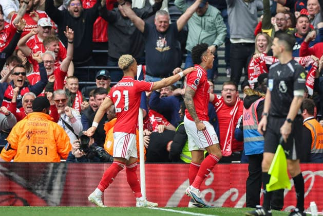 Tottenham Hotspur v Nottingham Forest, Premier League Nottingham Forest forward Igor Jesus (19) scores a GOAL 0-1 and celebrates with Nottingham Forest midfielder Omari Hutchinson (21) during the Tottenham Hotspur v Nottingham Forest Premier League match at the Tottenham Hotspur Stadium, London, England on 22 March 2026 Credit: Phil Duncan Every Second Media Editorial use only. All images are copyright Every Second Media Limited. No images may be reproduced without prior permission. All rights reserved. Premier League and Football League images are subject to licensing agreements with Football DataCo Limited. see https: www.football-dataco.com Copyright: xIMAGO EveryxSecondxMediax ESM-1867-0045 PhilxDuncanx xEveryxSecondxMediax