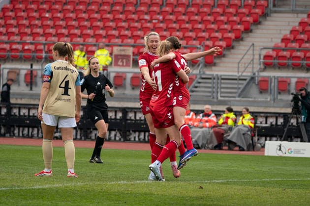 NUREMBERG, GERMANY - MARCH 22: Players of 1. FC Köln celebrate the goal during the Google Pixel Frauen-Bundesliga between 1. FC Nürnberg and 1. FC Köln at Max-Morlock-Stadion on March 22, 2026 in Nuremberg, Germany. (Photo by Qianru Zhang Press Photo) Copyright: xQianruxZhang SPPx Sportspressphoto_SPR116382