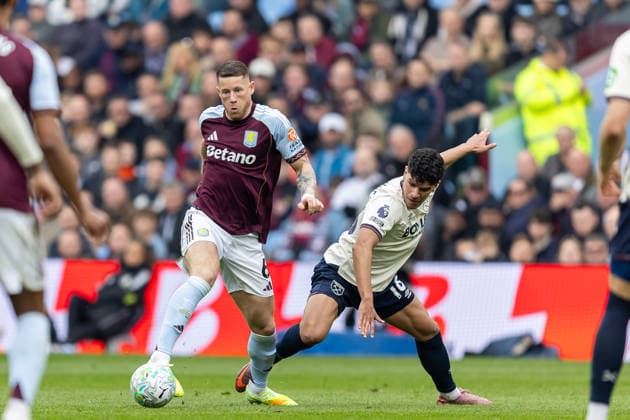 Aston Villa v West Ham United, Premier League Aston Villa midfielder Ross Barkley (6) battles for possession in box during the Premier League match between Aston Villa and West Ham United at Villa Park, Birmingham, UK on 22 March 2026. Birmingham Villa Park West Midlands UK Editorial use only DataCo restrictions apply See www.football-dataco.com , Copyright: xManjitxNarotrax PSI-23950-0038