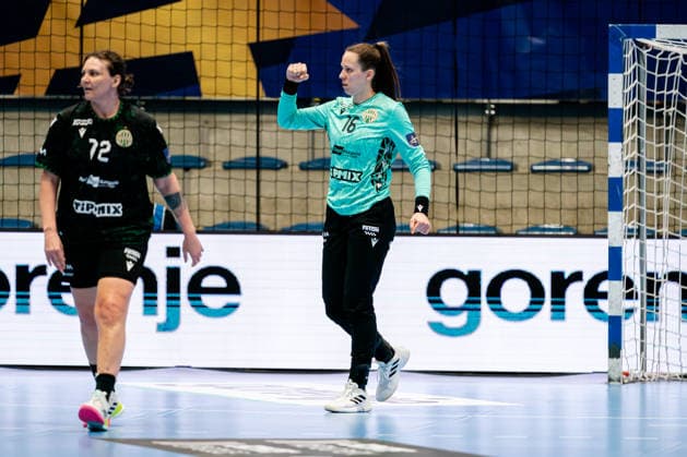 Hamm, 22.03.2026, Handball, Damen, EHF Champions League, Play-offs, 2025 2026: BVB Borussia Dortmund FTC Rail-Cargo Hungaria Blanka Böde-Biro (FTC Rail-Cargo Hungaria, 16) jubelt über eine Parade Hamm Westpress Arena NRW Germany