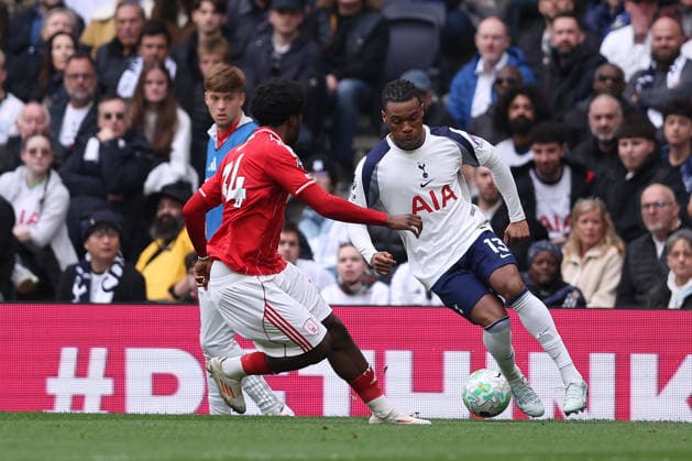 22nd March 2026; Tottenham Hotspur Stadium, London, England; Premier League Football, Tottenham Hotspur versus Nottingham Forest; Destiny Udogie of Tottenham Hotspur takes on Ola Aina of Nottingham Forest  KatiexChan Content restricted for UK based newspaper