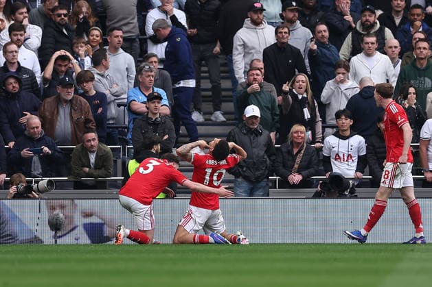 22nd March 2026; Tottenham Hotspur Stadium, London, England; Premier League Football, Tottenham Hotspur versus Nottingham Forest; Morgan Gibbs-White of Nottingham Forest celebrates his goal in the 62nd minute for 0-2  KatiexChan Content restricted for UK based newspaper