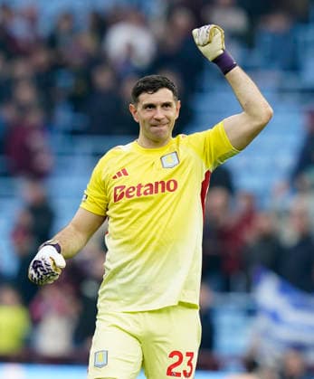 Birmingham, England, 22nd March 2026. Emiliano Martinez of Aston Villa celebrates at the final whistle during the Aston Villa vs West Ham United Premier League match at Villa Park, Birmingham. Picture credit should read: Andrew Yates Sportimage EDITORIAL USE ONLY. No use with unauthorised audio, video, data, fixture lists, club league logos or live services. Online in-match use limited to 120 images, no video emulation. No use in betting, games or single club league player publications. SPI_032_AY_VILLA_WEST_HAM SPI-4635-0032
