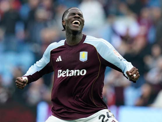 Birmingham, England, 22nd March 2026. Amadou Onana of Aston Villa celebrates at the final whistle during the Aston Villa vs West Ham United Premier League match at Villa Park, Birmingham. Picture credit should read: Andrew Yates Sportimage EDITORIAL USE ONLY. No use with unauthorised audio, video, data, fixture lists, club league logos or live services. Online in-match use limited to 120 images, no video emulation. No use in betting, games or single club league player publications. SPI_033_AY_VILLA_WEST_HAM SPI-4635-0033