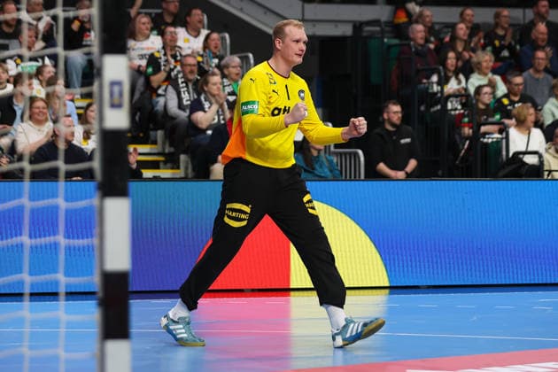 22.03.2026, Handball, Länderspiel Herren, Deutschland - Ägypten, ÖVB-Arena Bremen: David Späth (Germany 01) jubelt und gestikuliert xKamilxWilkowskixPressefotoKochx Bremen Deutschland