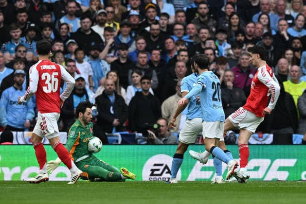 Arsenal v Manchester City, EFL Cup, Cup Final James Trafford (1) of Manchester City makes a save from a shot at goal by Kai Havertz (29) of Arsenal during the EFL Cup match between Arsenal and Manchester City at Wembley Stadium, London, UK on 22 March 2026. London Wembley Stadium Greater London UK Editorial use only DataCo restrictions apply See www.football-dataco.com , Copyright: xGrahamxHuntx PSI-23937-0041